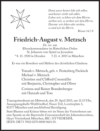 Traueranzeige von Friedrich-August von Metzsch von Süddeutsche Zeitung