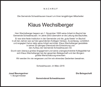 Traueranzeige von Klaus Wechslberger von Süddeutsche Zeitung