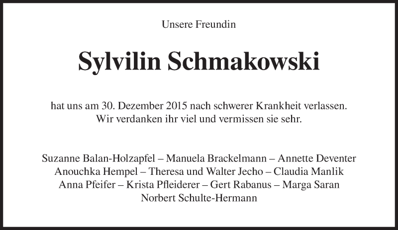  Traueranzeige für Sylvilin Schmakowski vom 07.01.2016 aus Süddeutsche Zeitung