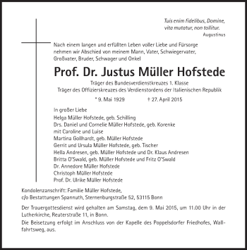 Traueranzeige von Justus Müller Hofstede von Süddeutsche Zeitung