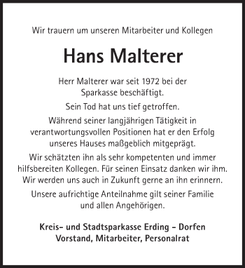 Traueranzeige von Hans Malterer von Süddeutsche Zeitung