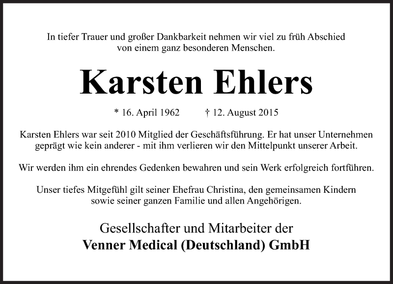  Traueranzeige für Karsten Ehlers vom 19.08.2015 aus Süddeutsche Zeitung