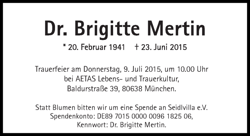  Traueranzeige für Brigitte Mertin vom 03.07.2015 aus Süddeutsche Zeitung