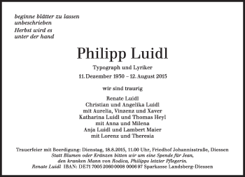 Traueranzeige von Philipp Luidl von Süddeutsche Zeitung