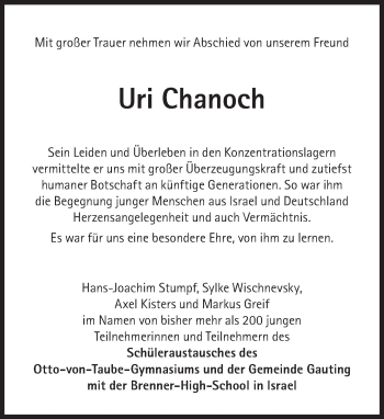 Traueranzeige von Uri Chanoch von Süddeutsche Zeitung