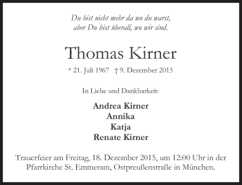 Traueranzeige von Thomas Kirner von Süddeutsche Zeitung