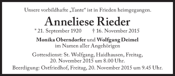 Traueranzeige von Anneliese Rieder von Süddeutsche Zeitung