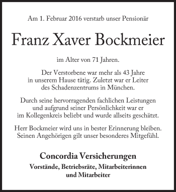 Traueranzeige von Franz Xaver Bockmeier von Süddeutsche Zeitung