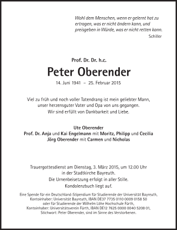 Traueranzeige von Peter Oberender von Süddeutsche Zeitung