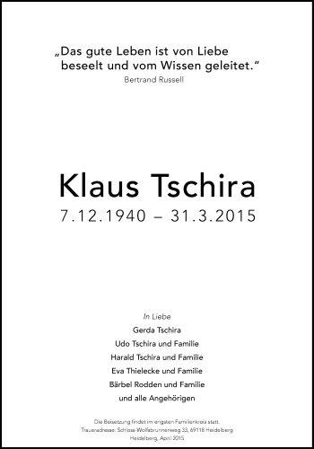 Traueranzeige von Klaus Tschira von Süddeutsche Zeitung