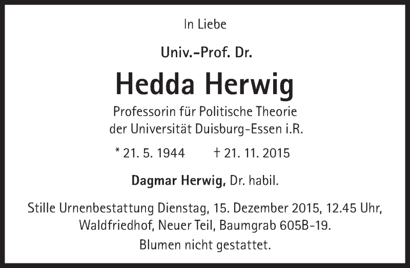  Traueranzeige für Hedda Herwig vom 12.12.2015 aus Süddeutsche Zeitung