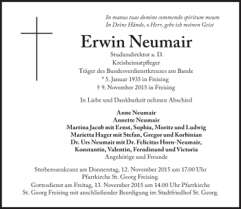Traueranzeige von Erwin Neumair von Süddeutsche Zeitung