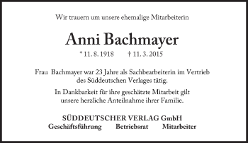 Traueranzeige von Anni Bachmayer von Süddeutsche Zeitung