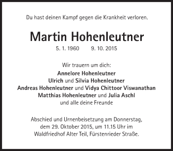 Traueranzeige von Martin Hohenleutner von Süddeutsche Zeitung