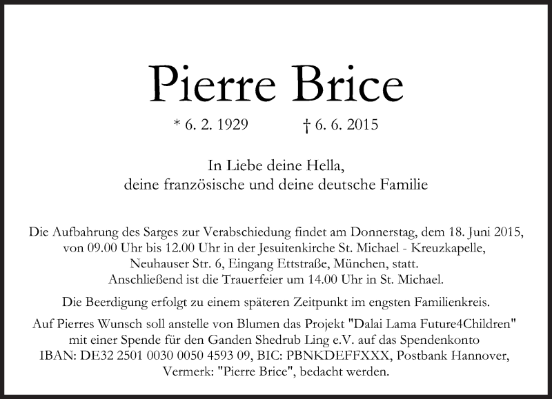  Traueranzeige für Pierre Brice vom 13.06.2015 aus Süddeutsche Zeitung