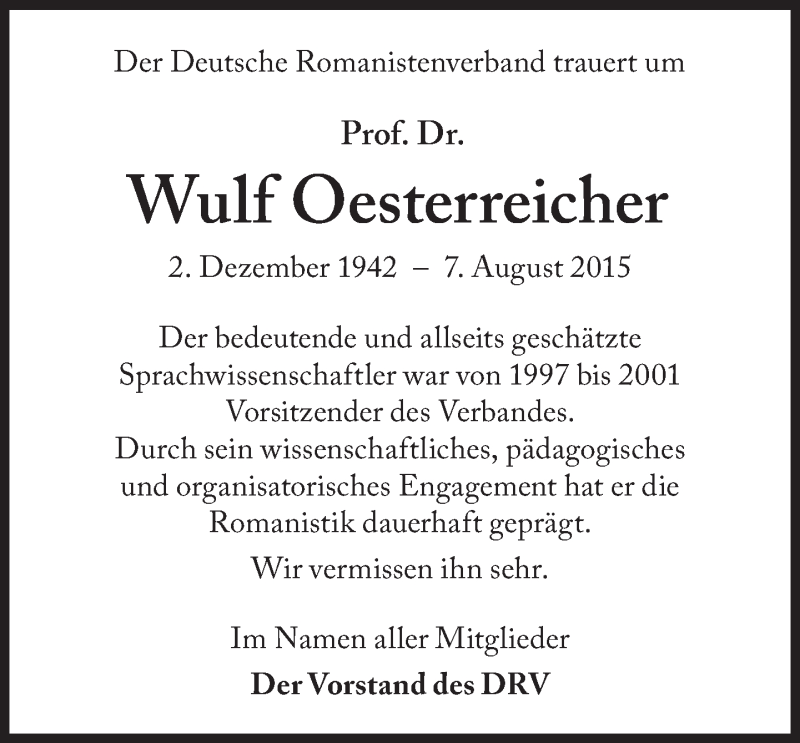 Traueranzeige für Prof. Dr. Wulf Oesterreicher vom 19.08.2015 aus Süddeutsche Zeitung