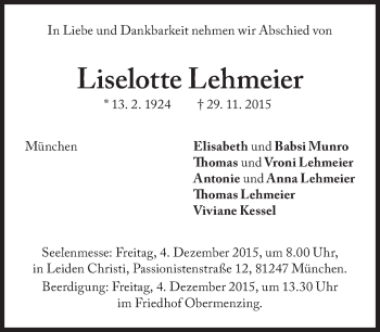 Traueranzeige von Liselotte Lehmeier von Süddeutsche Zeitung
