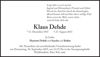 Traueranzeige von Klaus Dehde von Süddeutsche Zeitung