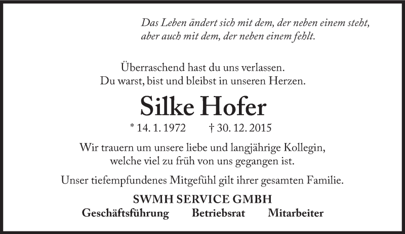  Traueranzeige für Silke Hofer vom 07.01.2016 aus Süddeutsche Zeitung