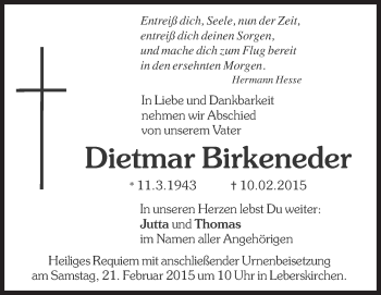 Traueranzeige von Dietmar Birkeneder von Süddeutsche Zeitung
