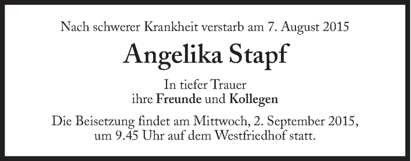  Traueranzeige für Angelika Stapf vom 31.08.2015 aus Süddeutsche Zeitung