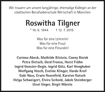 Traueranzeige von Roswitha Tilgner von Süddeutsche Zeitung