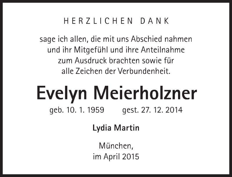  Traueranzeige für Evelyn Meierholzner vom 25.04.2015 aus Süddeutsche Zeitung
