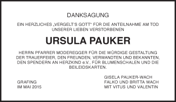 Traueranzeige von Ursula Pauker von Süddeutsche Zeitung