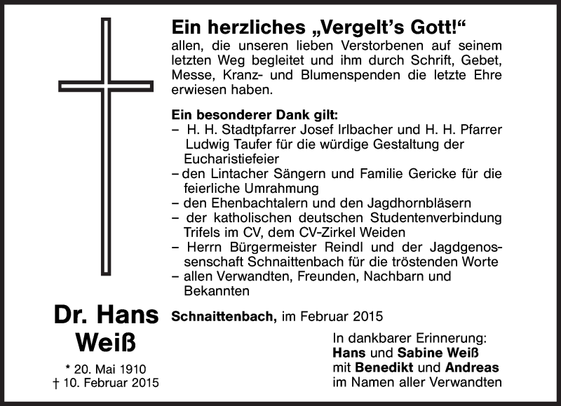  Traueranzeige für Hans Weiß vom 18.02.2015 aus Süddeutsche Zeitung