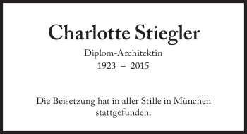 Traueranzeige von Charlotte Stiegler von Süddeutsche Zeitung