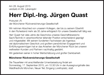 Traueranzeige von Jürgen Quast von Süddeutsche Zeitung