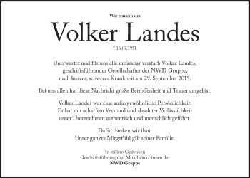 Traueranzeige von Volker Landes von Süddeutsche Zeitung