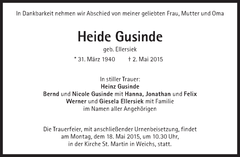  Traueranzeige für Heide Gusinde vom 09.05.2015 aus Süddeutsche Zeitung