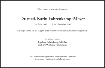 Traueranzeige von Karin Fahrenkamp-Meyer von Süddeutsche Zeitung