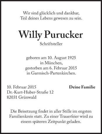 Traueranzeige von Willy Purucker von Süddeutsche Zeitung