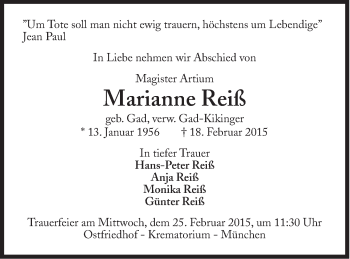 Traueranzeige von Marianne Reiß von Süddeutsche Zeitung