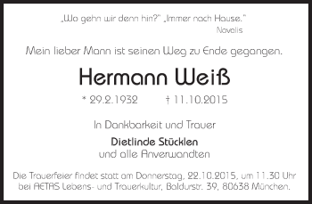 Traueranzeige von Hermann Weiß von Süddeutsche Zeitung