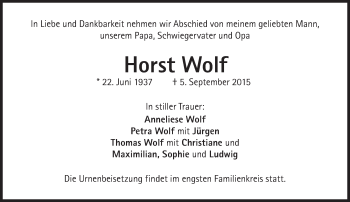 Traueranzeige von Horst Wolf von Süddeutsche Zeitung