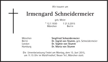 Traueranzeige von Irmengard Schneidermeier von Süddeutsche Zeitung