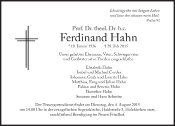 Traueranzeige von Ferdinand Hahn von Süddeutsche Zeitung