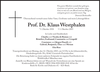 Traueranzeige von Klaus Westphalen von Süddeutsche Zeitung