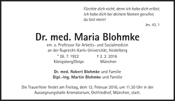 Traueranzeige von Maria Blohmke von Süddeutsche Zeitung