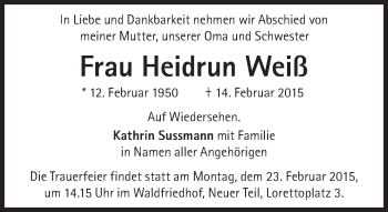 Traueranzeige von Heidrun Weiß von Süddeutsche Zeitung