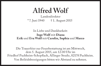 Traueranzeige von Alfred Wolf von Süddeutsche Zeitung