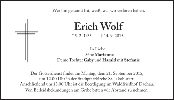 Traueranzeige von Erich Wolf von Süddeutsche Zeitung