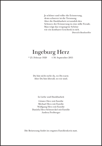Traueranzeige von Ingeburg Herz von Süddeutsche Zeitung