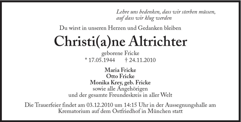  Traueranzeige für Christi(a)ne Altrichter vom 30.11.2010 aus Süddeutsche Zeitung