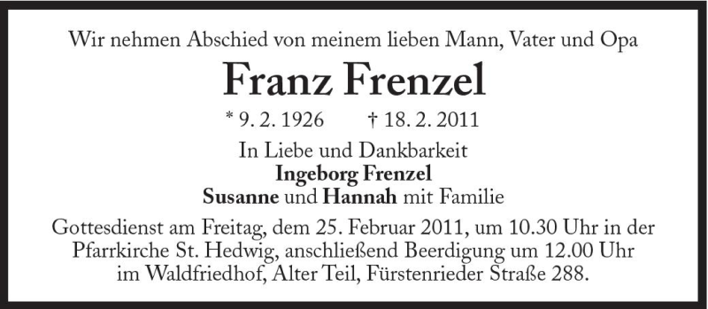  Traueranzeige für Franz Frenzel vom 23.02.2011 aus Süddeutsche Zeitung