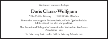 Traueranzeige von Doris Claraz-Wolfgramm von Süddeutsche Zeitung