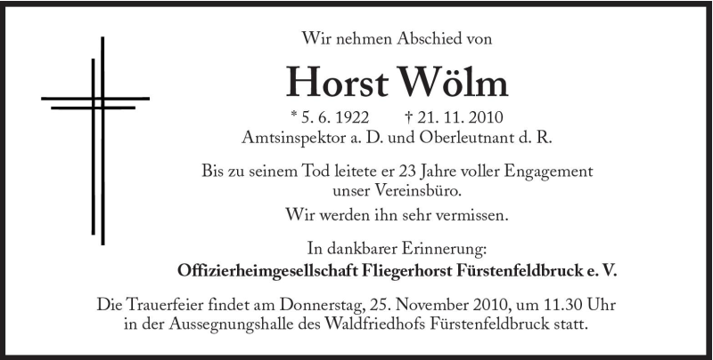  Traueranzeige für Horst Wölm vom 24.11.2010 aus Süddeutsche Zeitung
